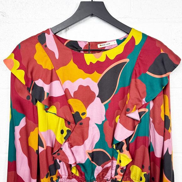 Marine Layer Top Floral Ruffle Smocked Hem Blouse Size Large - Picture 8 of 11